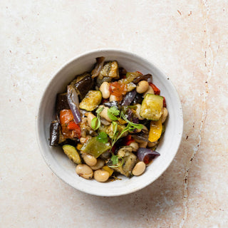 Butterbeans braised with Mediterranean vegetables and plum tomatoes