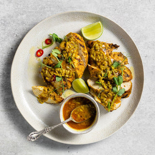 image 1 - Free range breast of chicken slowly marinated and served with our golden nut-free omega satay sauce